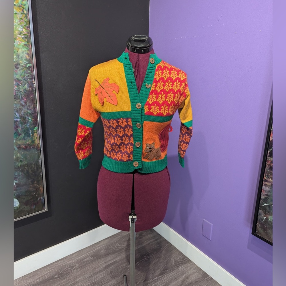 Vintage Kids French Toast Red, Yellow & Green Fall Patterned Knit Sweater